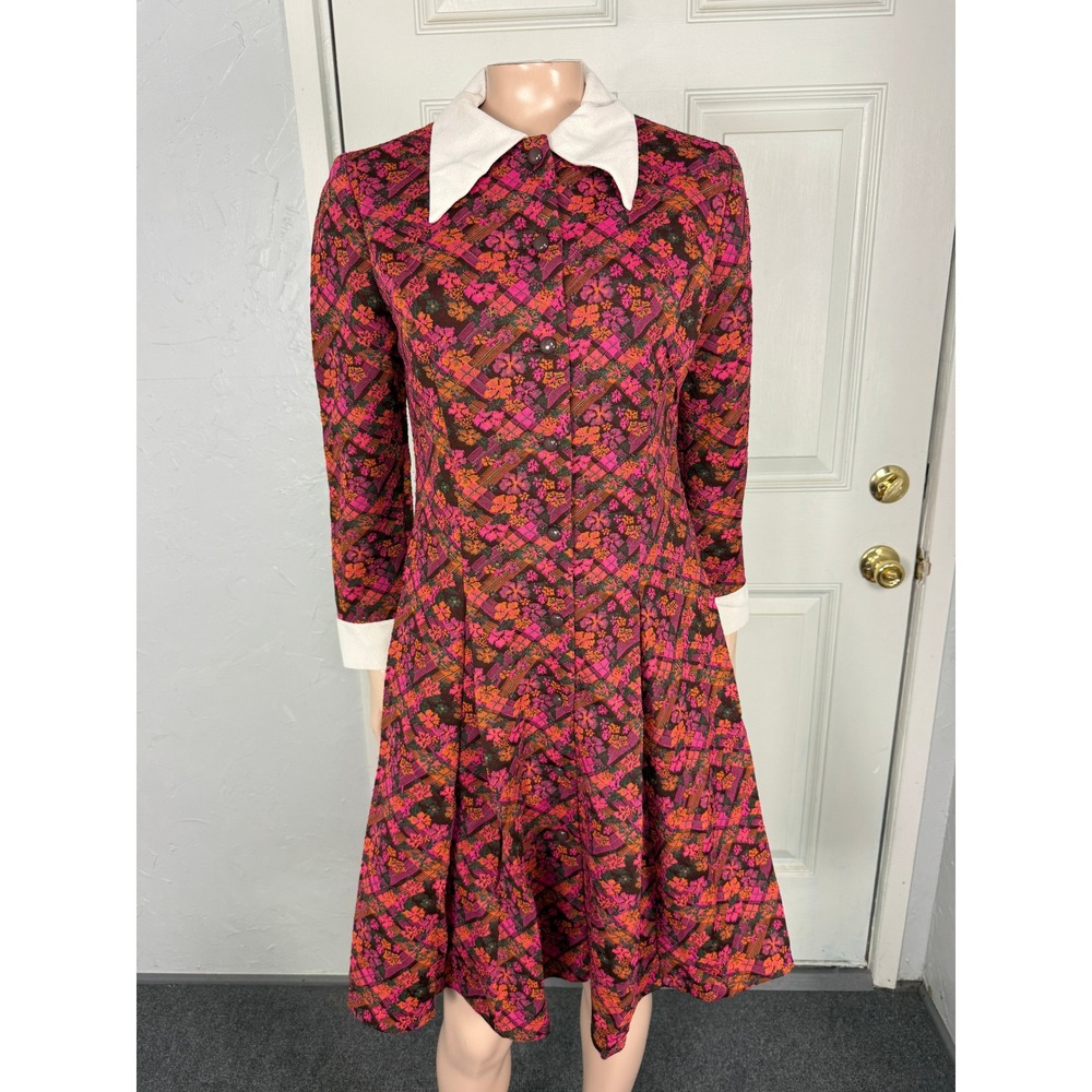 Vintage 70s Polyester Knit Mini Dress Party Floral Mod Retro Unbranded E4-23